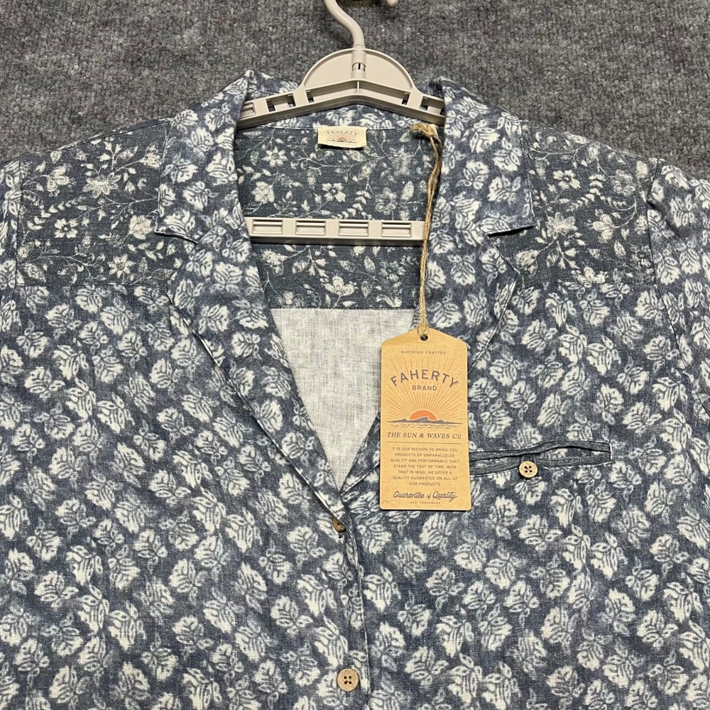 Faherty Shirt Mens XL Blue Linen Paradise Point Linen Oceanview Blossom Floral